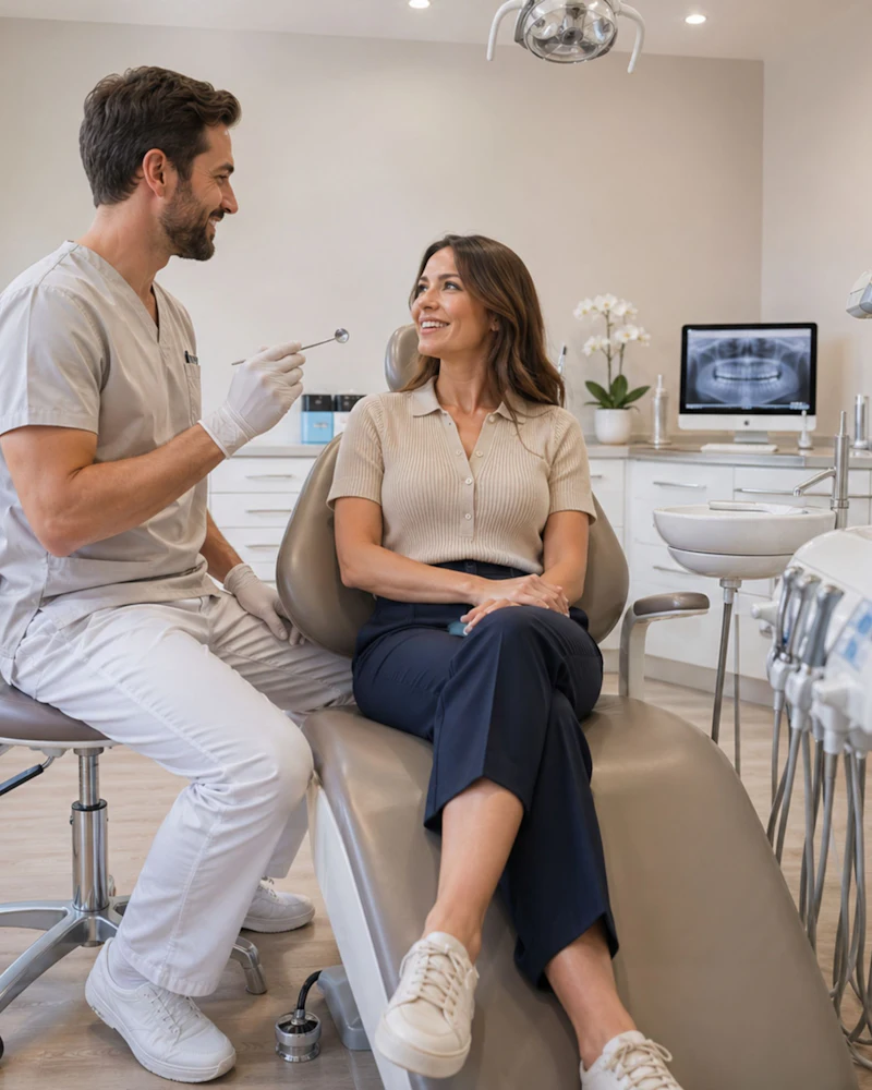 Dentista platicando con una paciente sentada en el sillón del consultorio